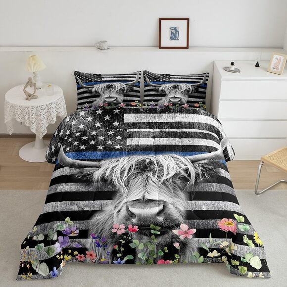 Highland Cow, American Flag, Farmhouse Flower Floral Comforter Set Queen Size - Picture 1 of 5